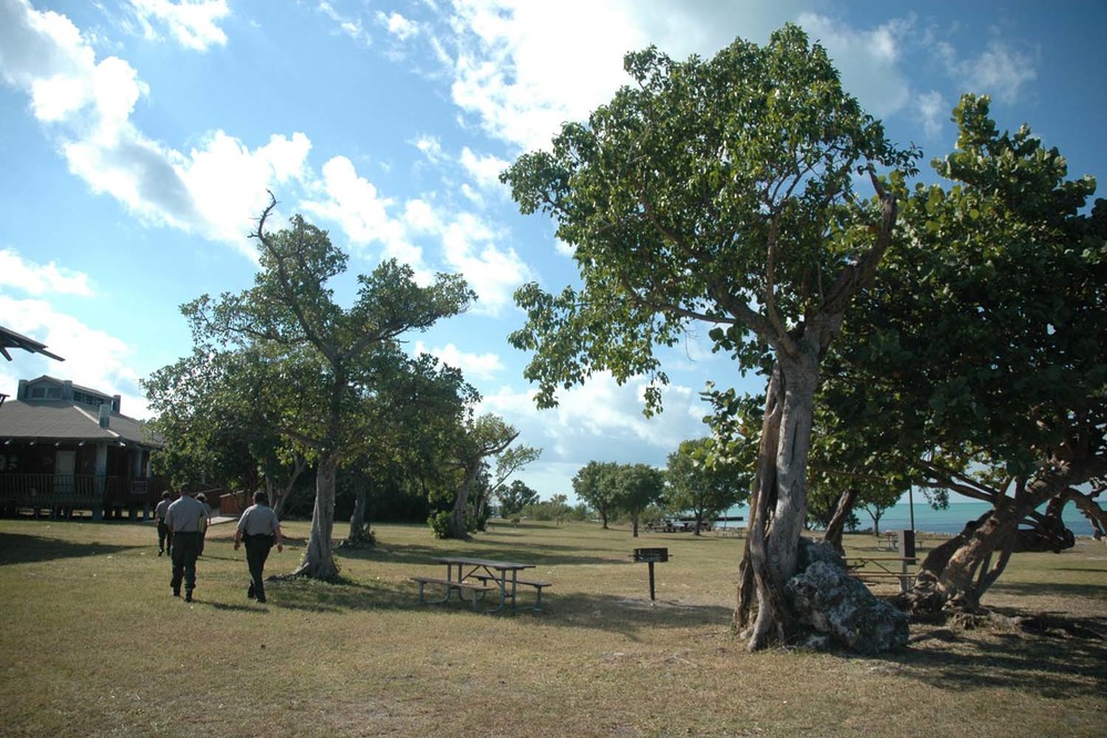 Two people walk through a campground and picnic area